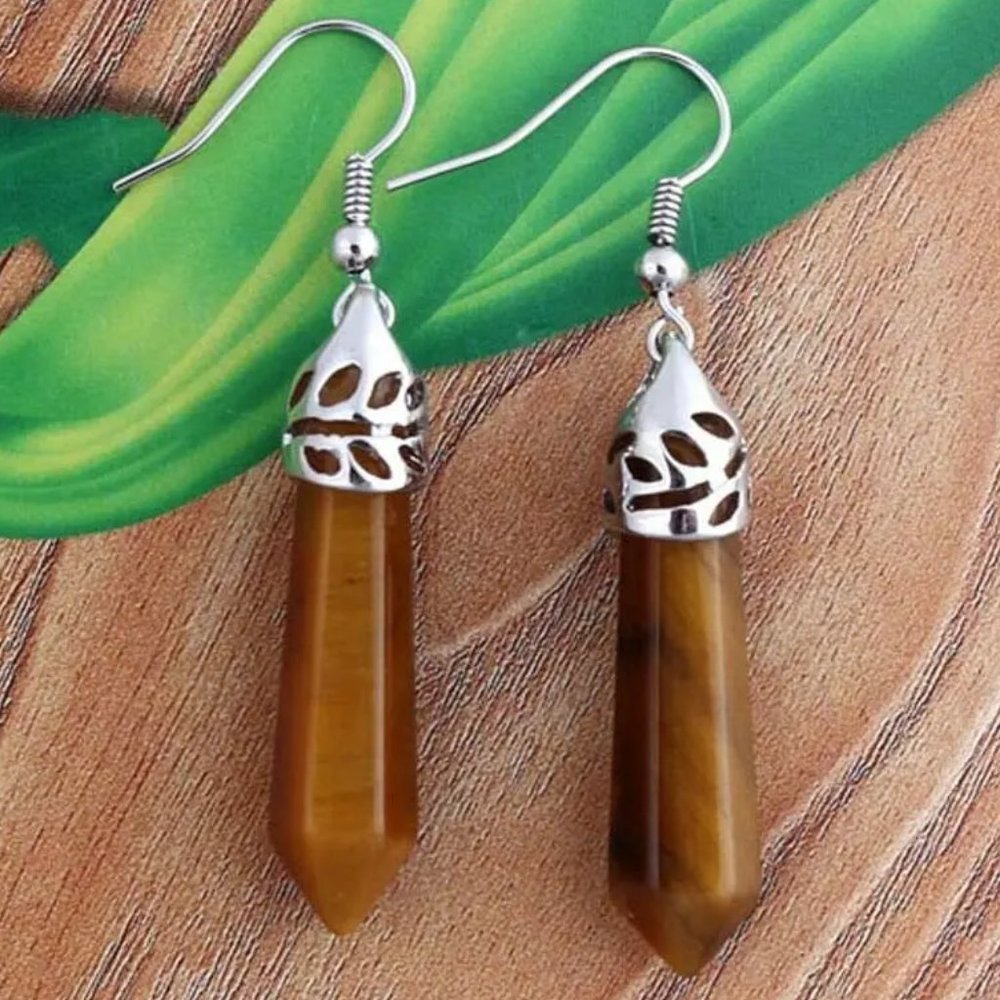 Tiger Eye Natural Stone Gemstone Hexagon Point Healing Stone Dangle Earrings